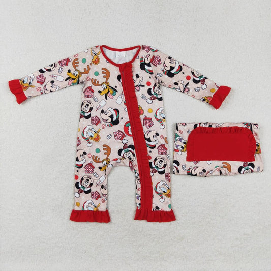 LR1334 RTS Mickey Donald Duck Christmas Red lace zipper long sleeve onesie