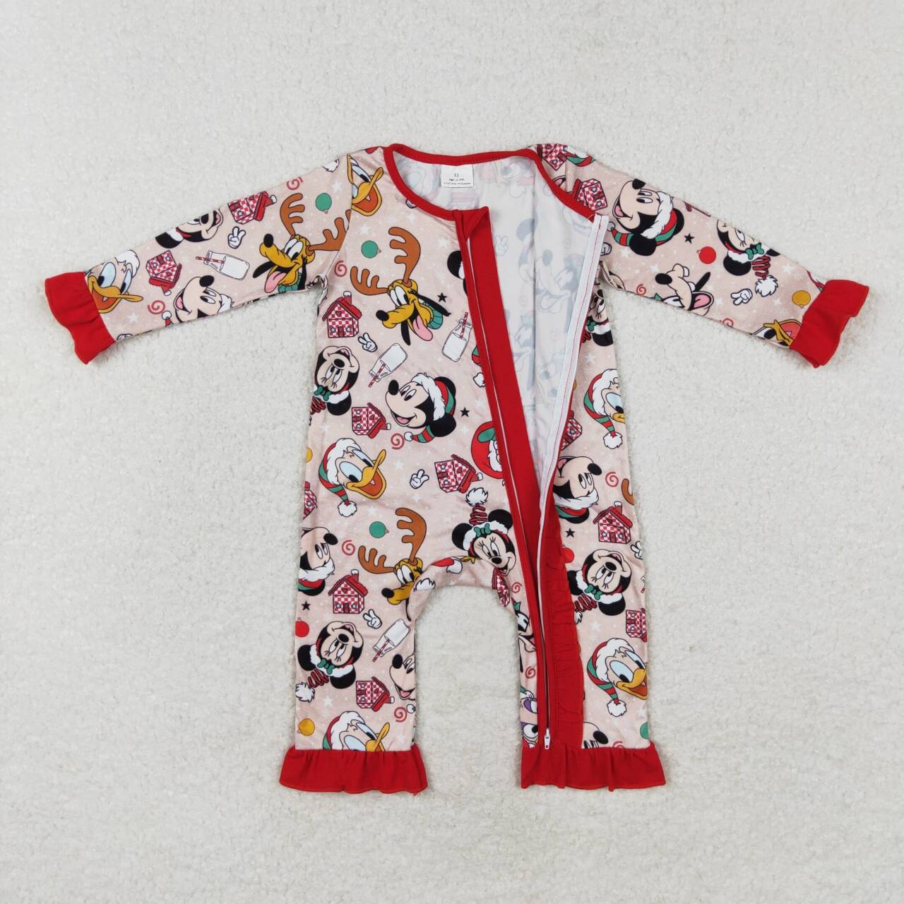 LR1334 RTS Mickey Donald Duck Christmas Red lace zipper long sleeve onesie