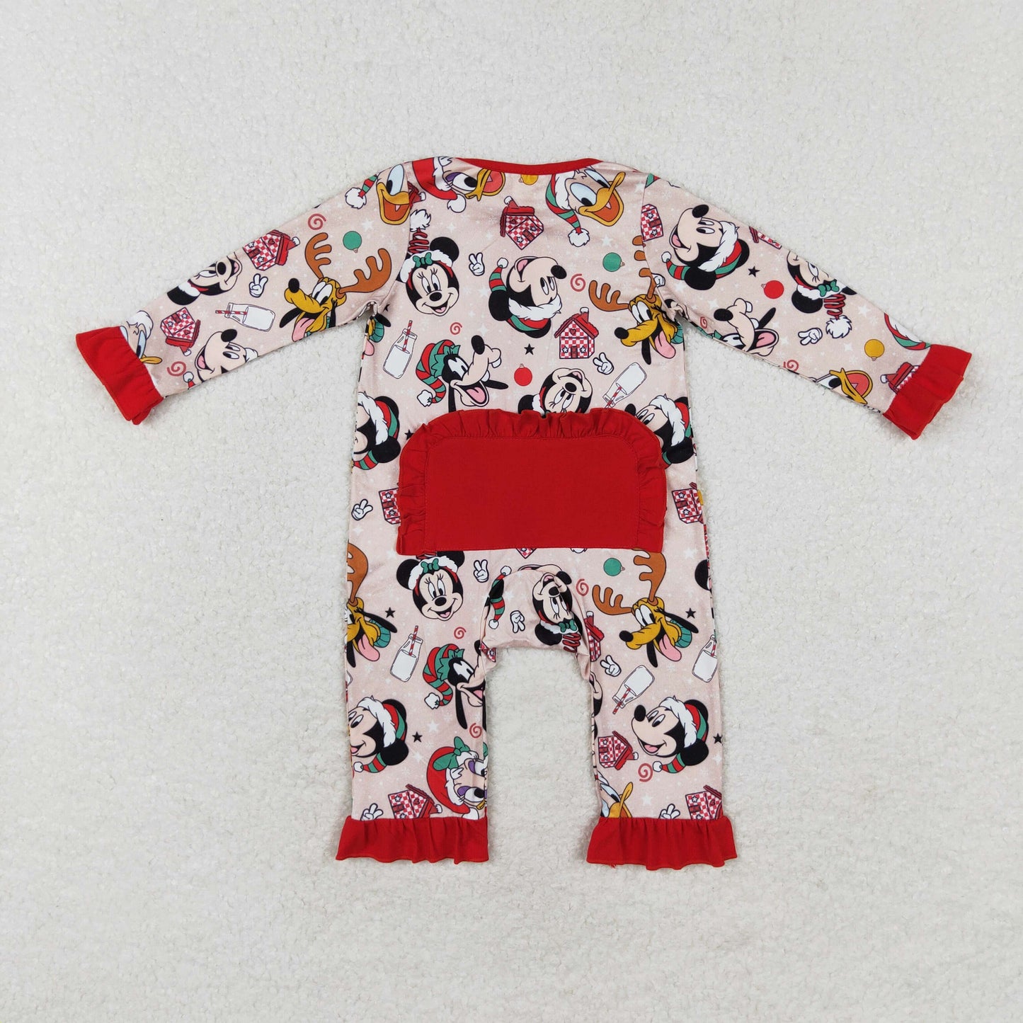 LR1334 RTS Mickey Donald Duck Christmas Red lace zipper long sleeve onesie