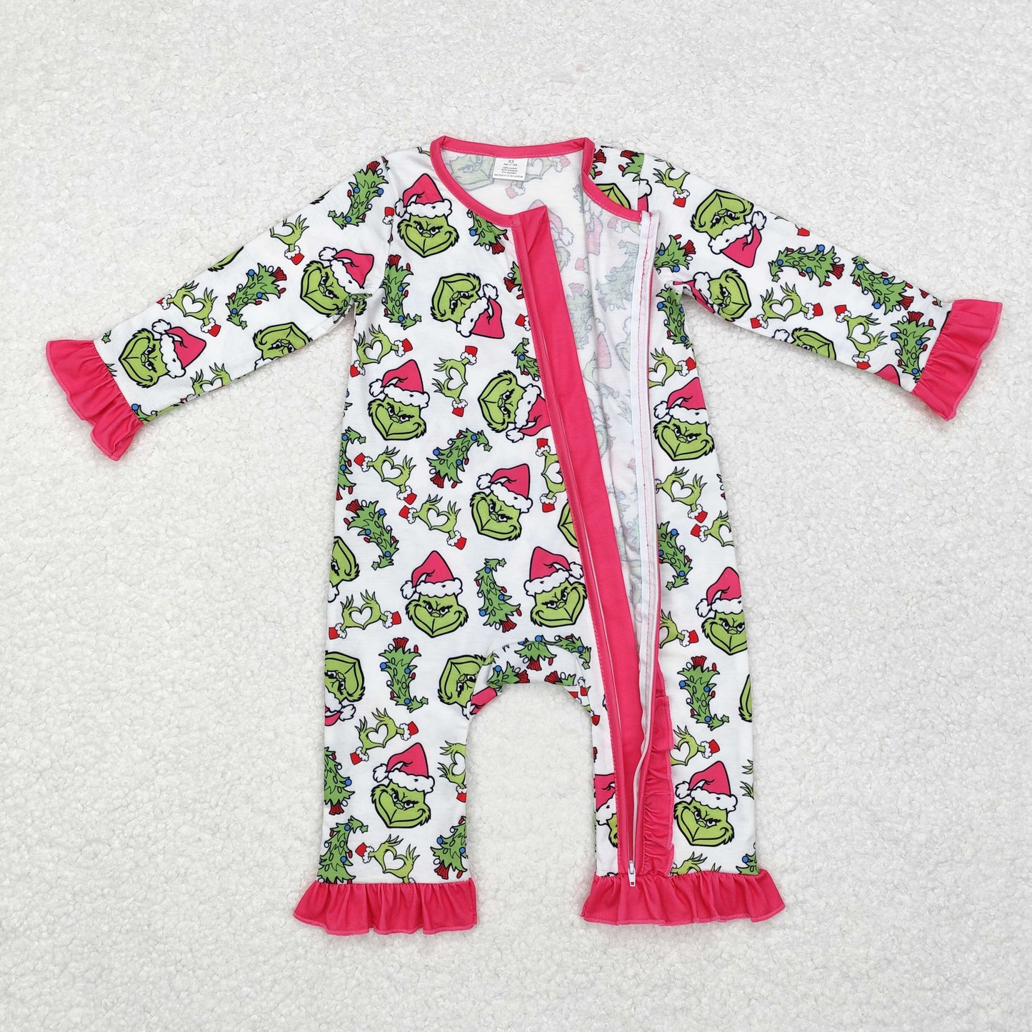 LR1337 Modal grinch Christmas Tree Rose Red lace white zipper long sleeve onesie High quality