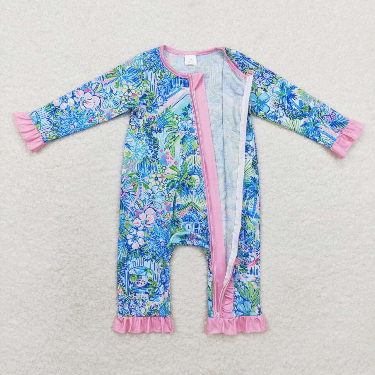 LR1339 Modal flower house landscape rose red lace zipper long sleeve onesie