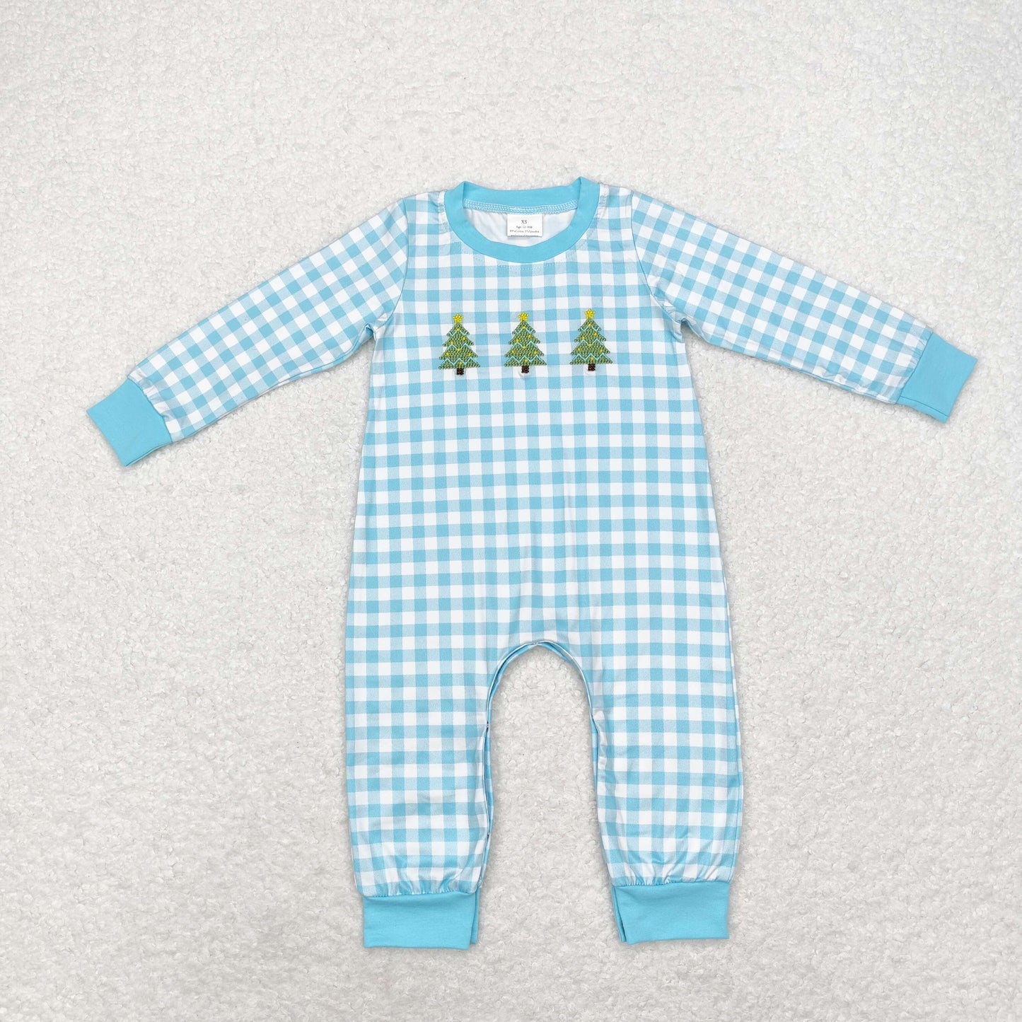 LR1366 Embroidered stars Christmas tree blue plaid long-sleeved onesie