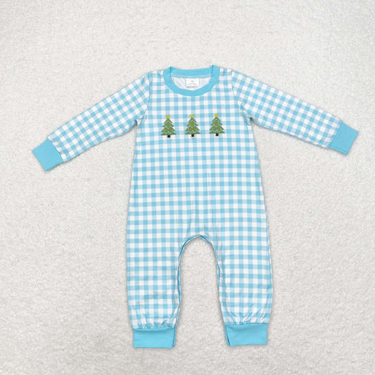 LR1366 Embroidered stars Christmas tree blue plaid long-sleeved onesie