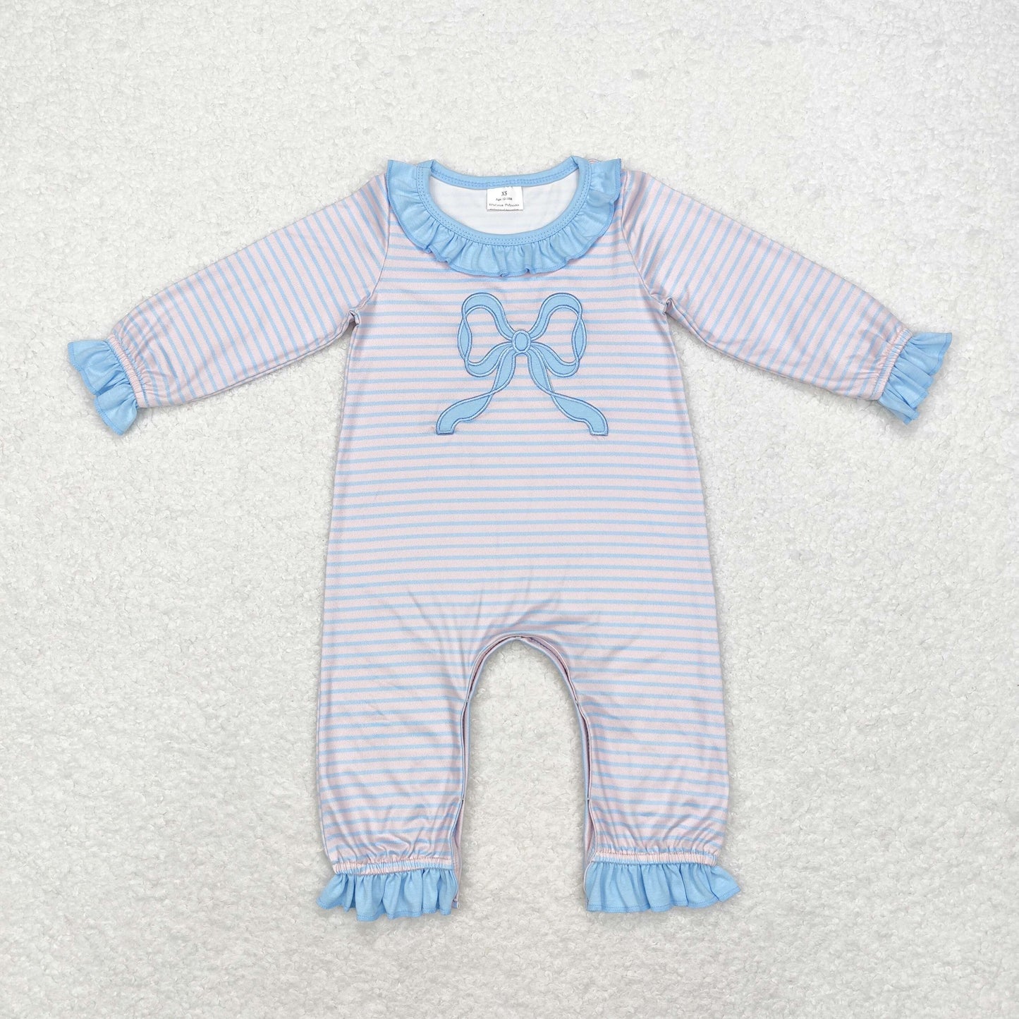 LR1378 Embroidered blue striped bow pattern lace long-sleeved pink onesie