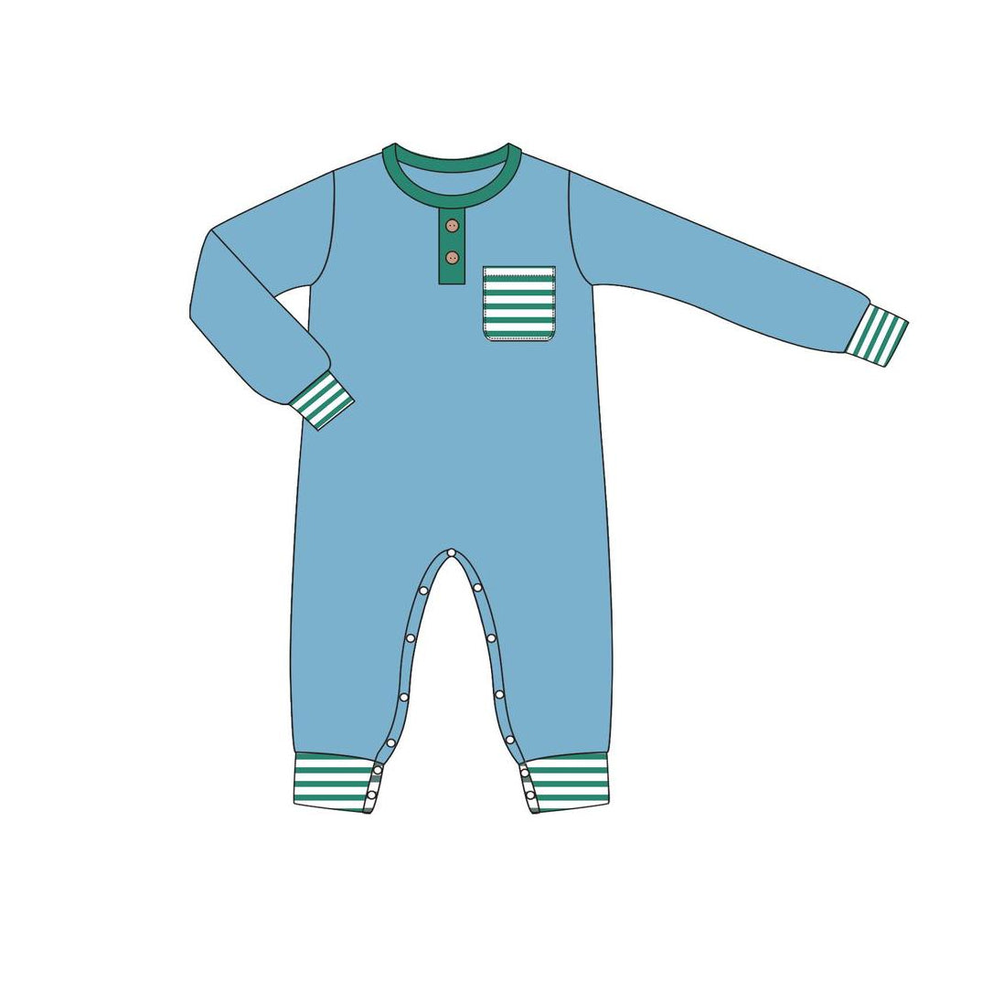 Preorder LR1381 NO MOQ Green striped pockets Blue long-sleeved onesie