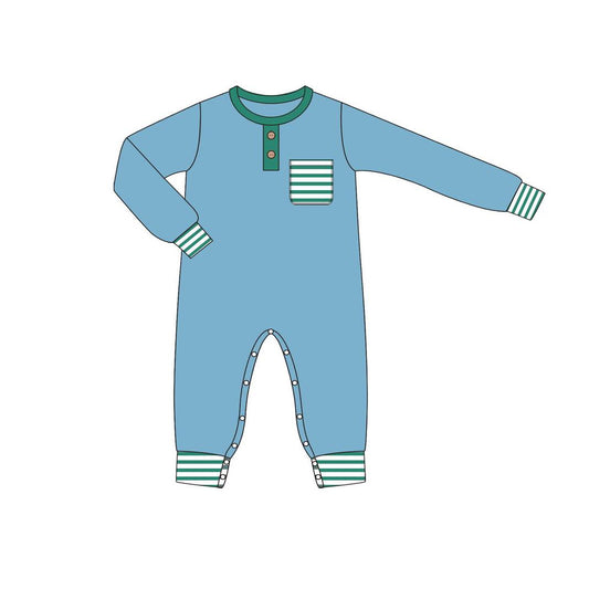 Preorder LR1381 NO MOQ Green striped pockets Blue long-sleeved onesie