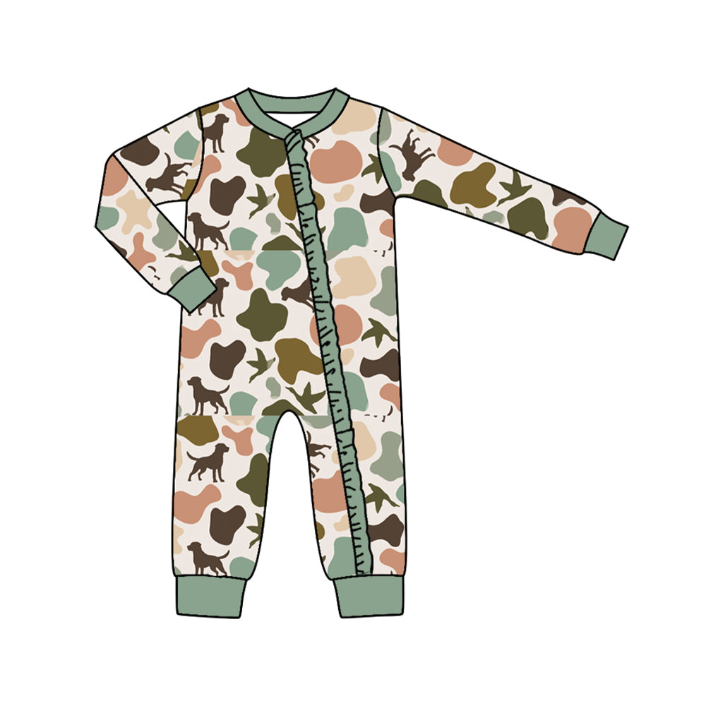 Preorder LR1386 NO MOQ Puppy Duck Camouflage Green lace zipper long sleeve onesie