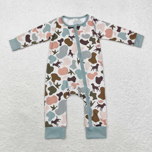 LR1387 Modal Puppy Duck camouflage green zip-up long-sleeved onesie