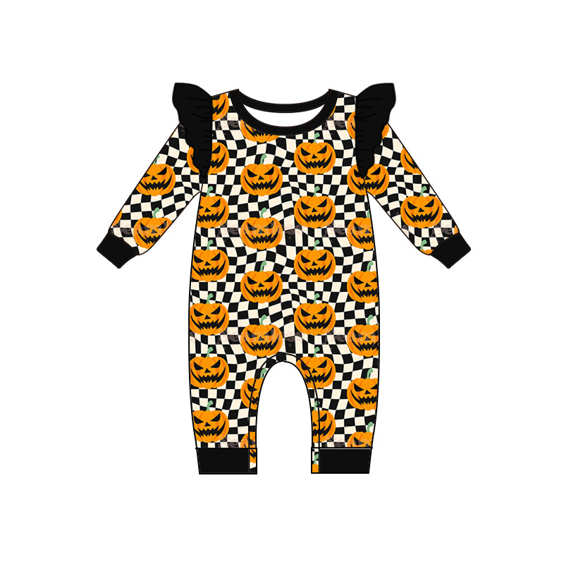 Preorder LR1388 NO MOQ Halloween Pumpkin black and white checkered lace long sleeve onesie