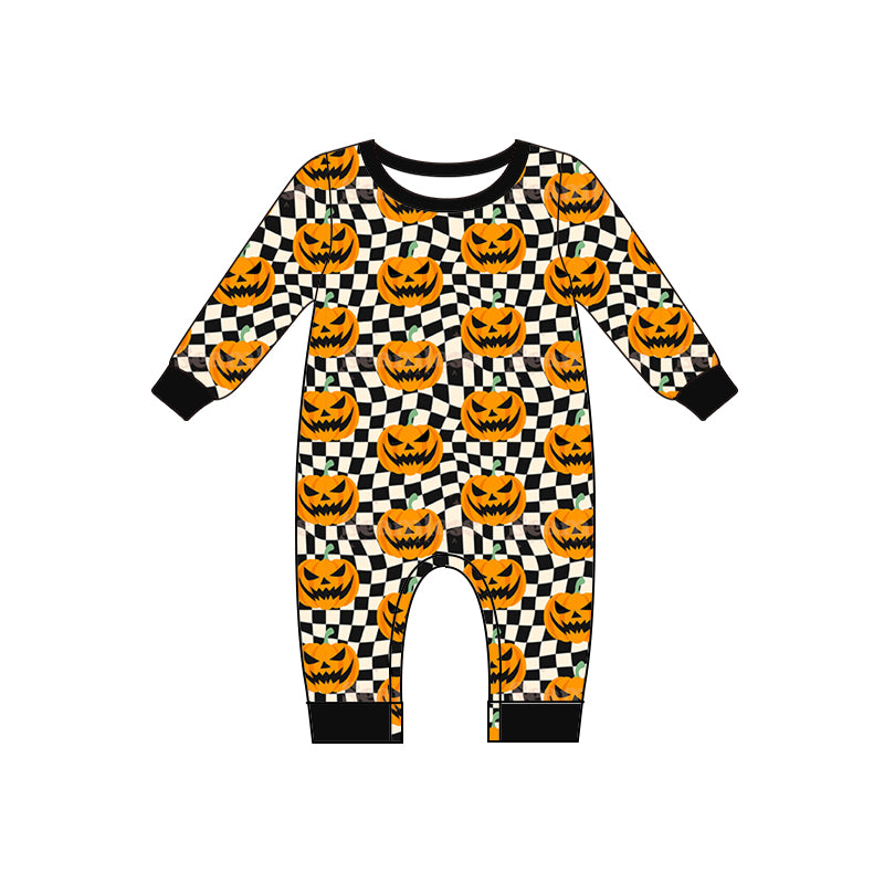 Preorder LR1389 NO MOQ Halloween Pumpkin black and white checkered long-sleeved onesie