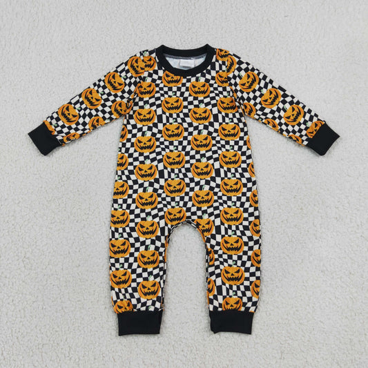 LR1389 Halloween Pumpkin Black Plaid Long-Sleeved Boys Romper 202608 RTS