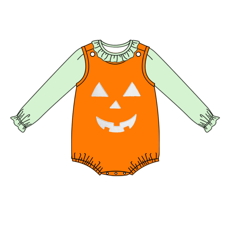 Preorder LR1390 NO MOQ Solid color Green Lace Long sleeve Halloween smiley face Orange vest onesie set