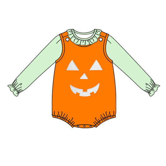 Preorder LR1390 NO MOQ Solid color Green Lace Long sleeve Halloween smiley face Orange vest onesie set