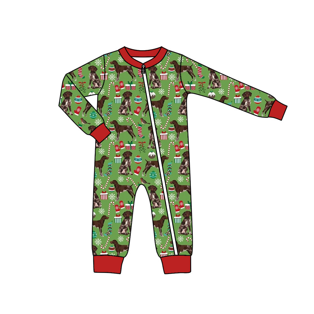 Preorder LR1392 NO MOQ Christmas Tree Gift Puppy Red border green zipper long sleeve onesie