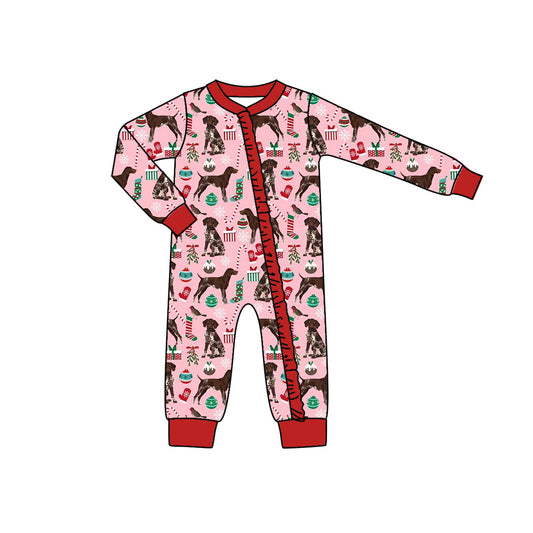 Preorder LR1393 NO MOQ Christmas Tree Gift Puppy Red lace pink zipper long sleeve onesie