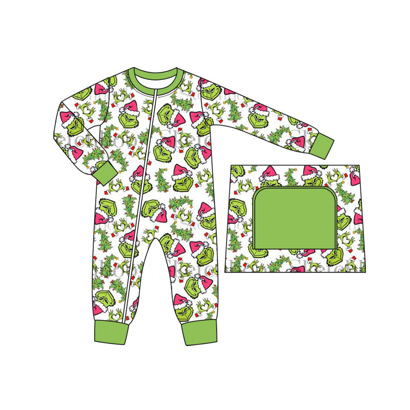 Preorder LR1394 NO MOQ grinch Christmas tree green border white zip-up long-sleeved onesie