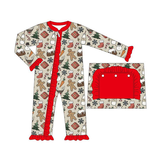 Preorder LR1396 NO MOQ Milk gingerbread man socks Christmas Tree lace zipper long sleeve onesie