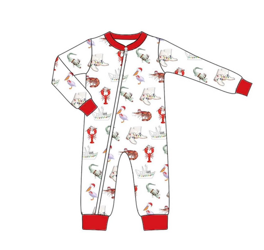 Preorder LR1399 NO MOQ steamboat crawfish Crocodile red and white zip-up long sleeve onesie