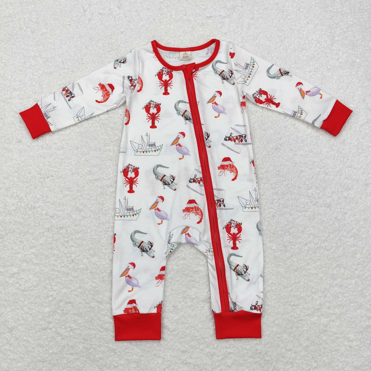 LR1399 Modal steamer crawfish Crocodile red and white zip-up long-sleeved onesie
