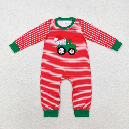 LR1401 Embroidered Santa hat tractor stripe red long-sleeved onesie