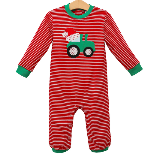 Preorder LR1401 NO MOQ Santa Hat Tractor stripes red long-sleeved onesie