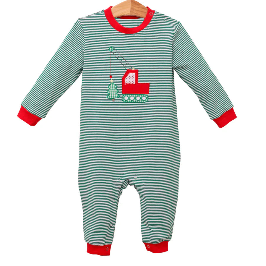 Preorder LR1402 NO MOQ Christmas Tree engineering truck Striped green long-sleeved onesie