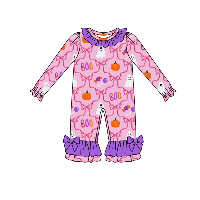 Preorder LR1411 NO MOQ boo Ghost Pumpkin bow pattern Purple lace pink long-sleeved onesie