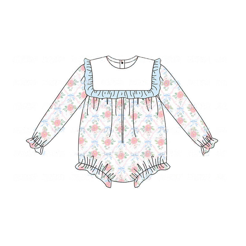 Preorder LR1412 NO MOQ Flower bow pattern Blue lace White long-sleeved onesie