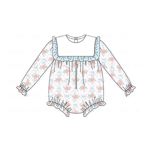 Preorder LR1412 NO MOQ Flower bow pattern Blue lace White long-sleeved onesie