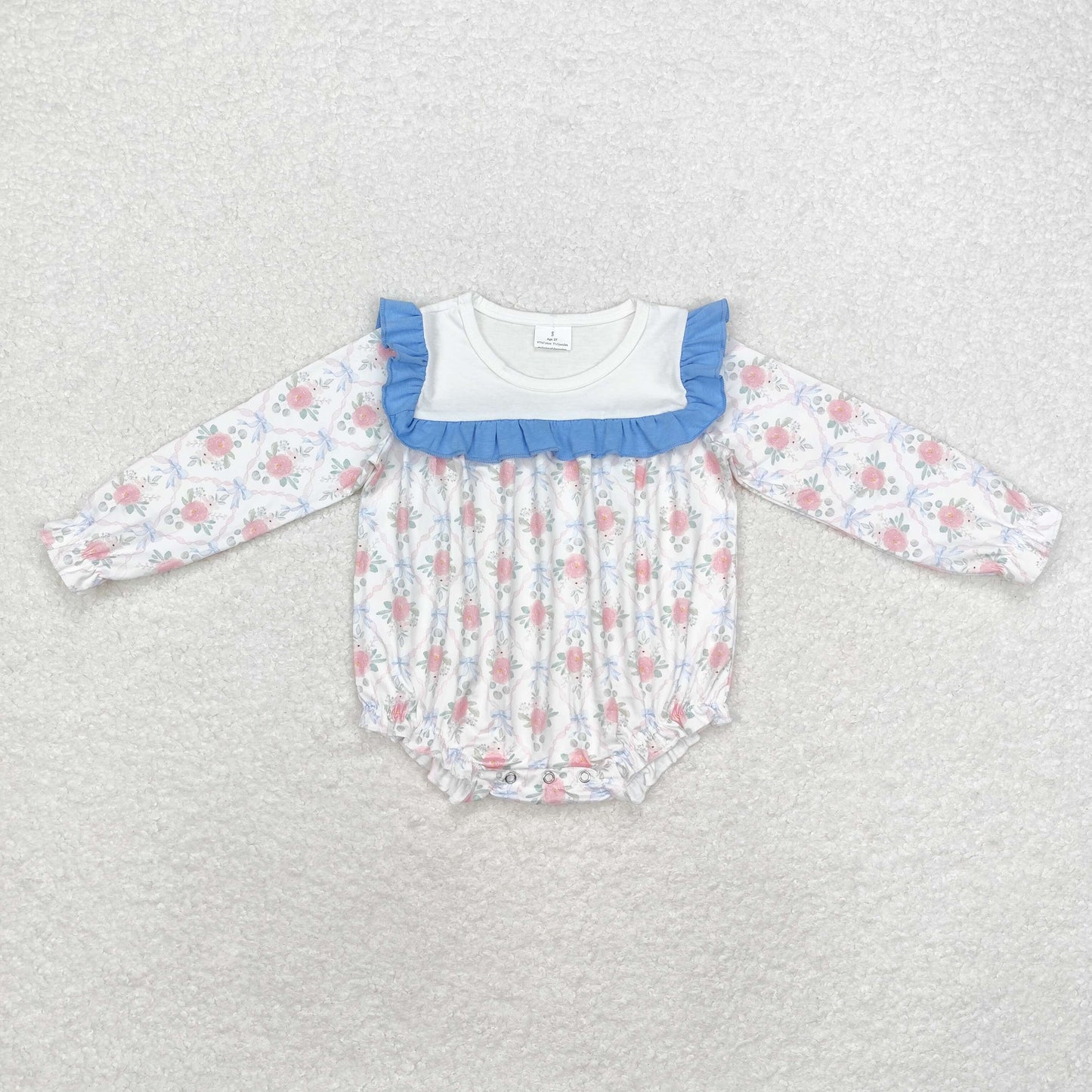 LR1412 Flower bow pattern Blue lace white long-sleeved onesie
