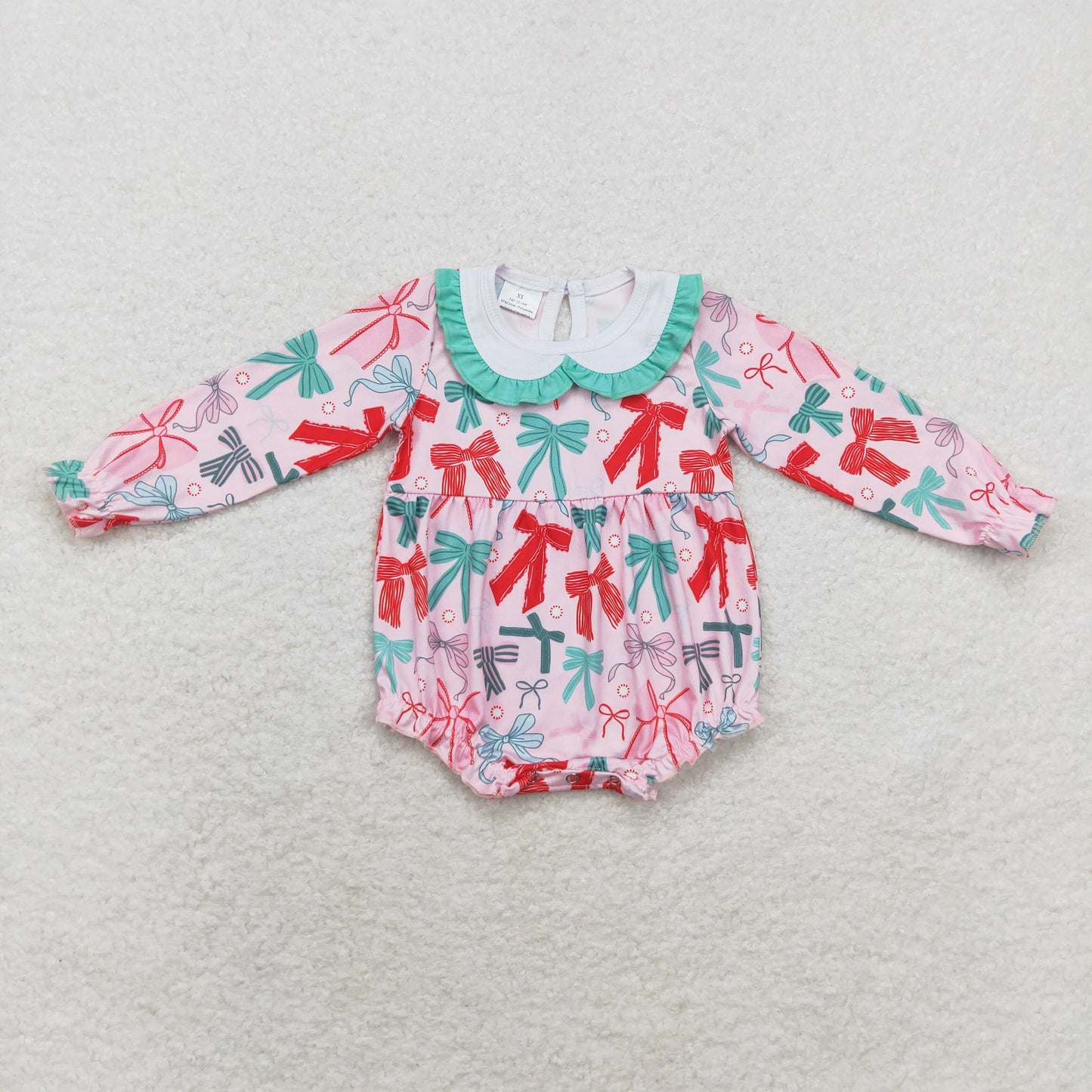 LR1413 Pink long-sleeved onesie with doll collar and bow pattern