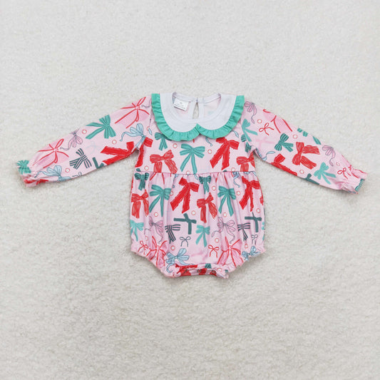 LR1413 Pink long-sleeved onesie with doll collar and bow pattern