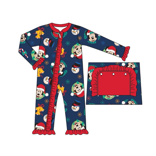 Preorder LR1416 NO MOQ Christmas Mickey Lace navy blue zip-up long sleeve onesie