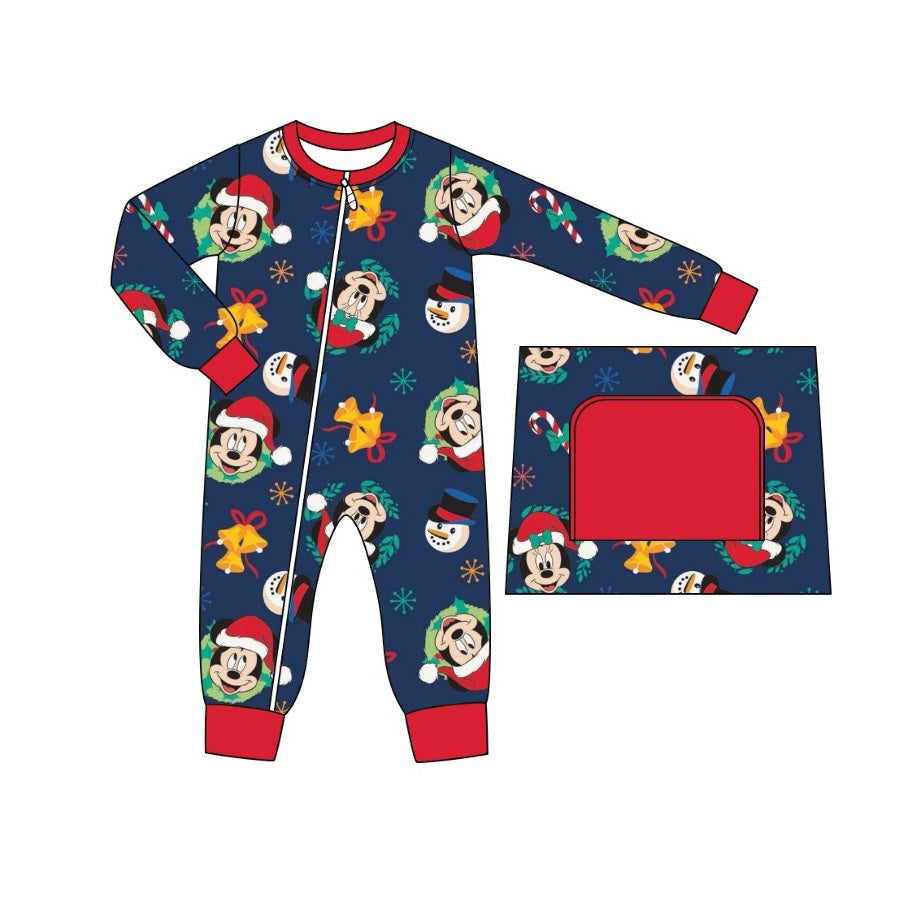 Preorder LR1417 NO MOQ Christmas Mickey navy blue zip-up long-sleeved onesie