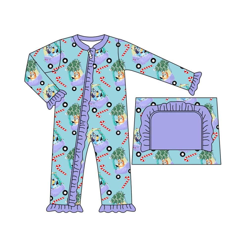 Preorder LR1419 NO MOQ bluey Christmas Tree buggy Crutch Purple lace blue zipper long-sleeved onesie