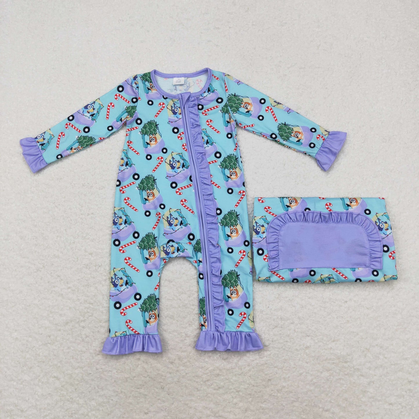 LR1419 bluey Modal Christmas Tree Buggy Crutch Purple lace blue zipper long sleeve onesie