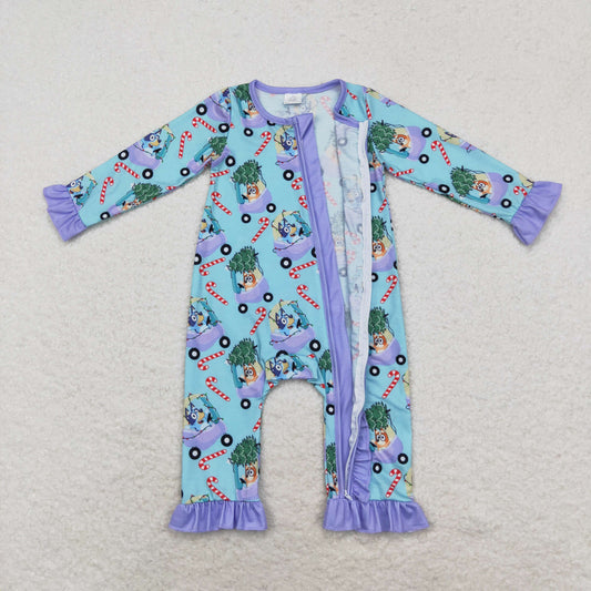 LR1419 bluey Modal Christmas Tree Buggy Crutch Purple lace blue zipper long sleeve onesie