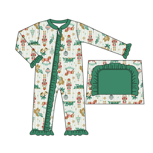 Preorder LR1420 NO MOQ Nutcracker Train Bird Green Lace striped zipper long-sleeved onesie