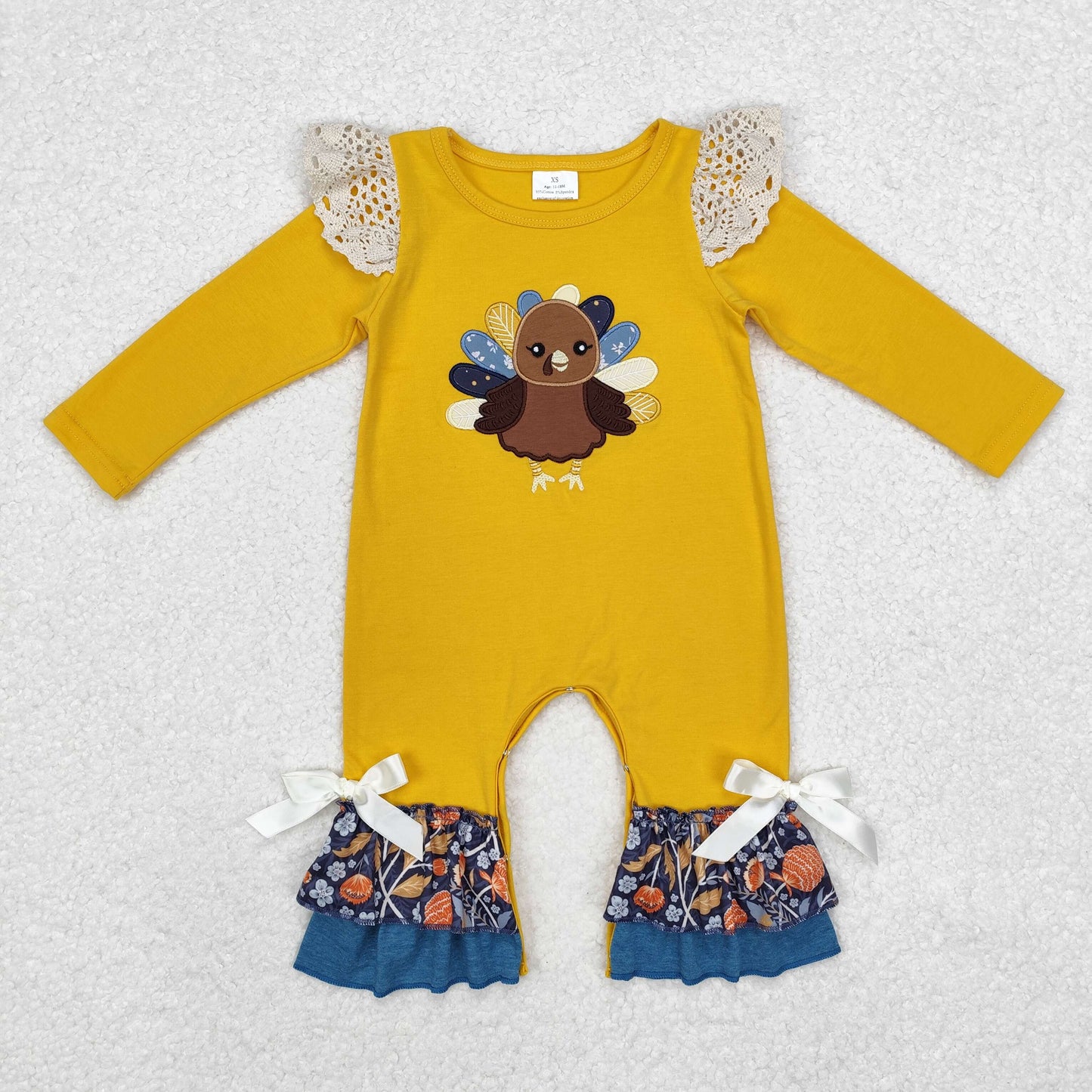 LR1423 Embroidered Turkey lace lace yellow long-sleeved onesie