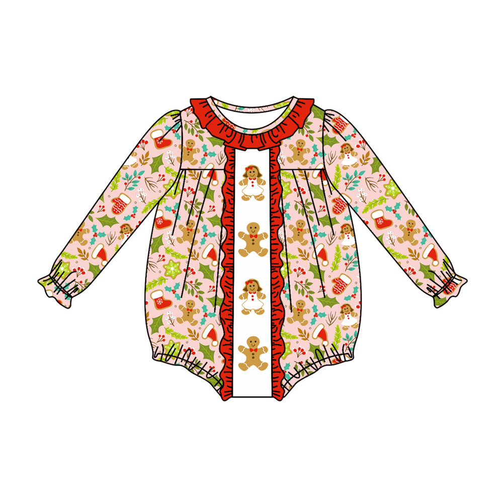 Preorder LR1427 NO MOQ Gingerbread Man Red lace pink long-sleeved onesie