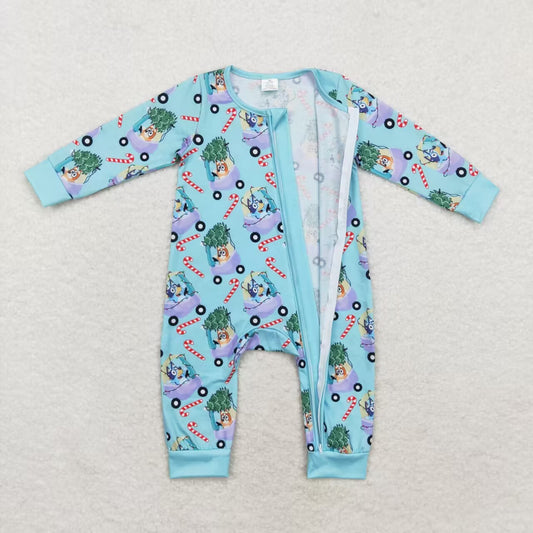 LR1431 bluey Modal Christmas Tree buggy crutch blue zipper long-sleeved onesie