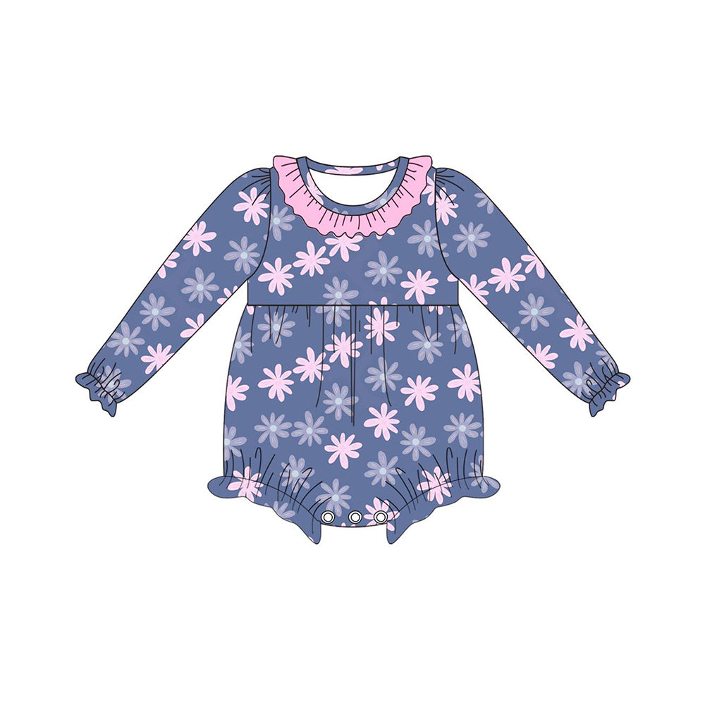 Preorder LR1432 NO MOQ flowers Pink lace blue long sleeve onesie