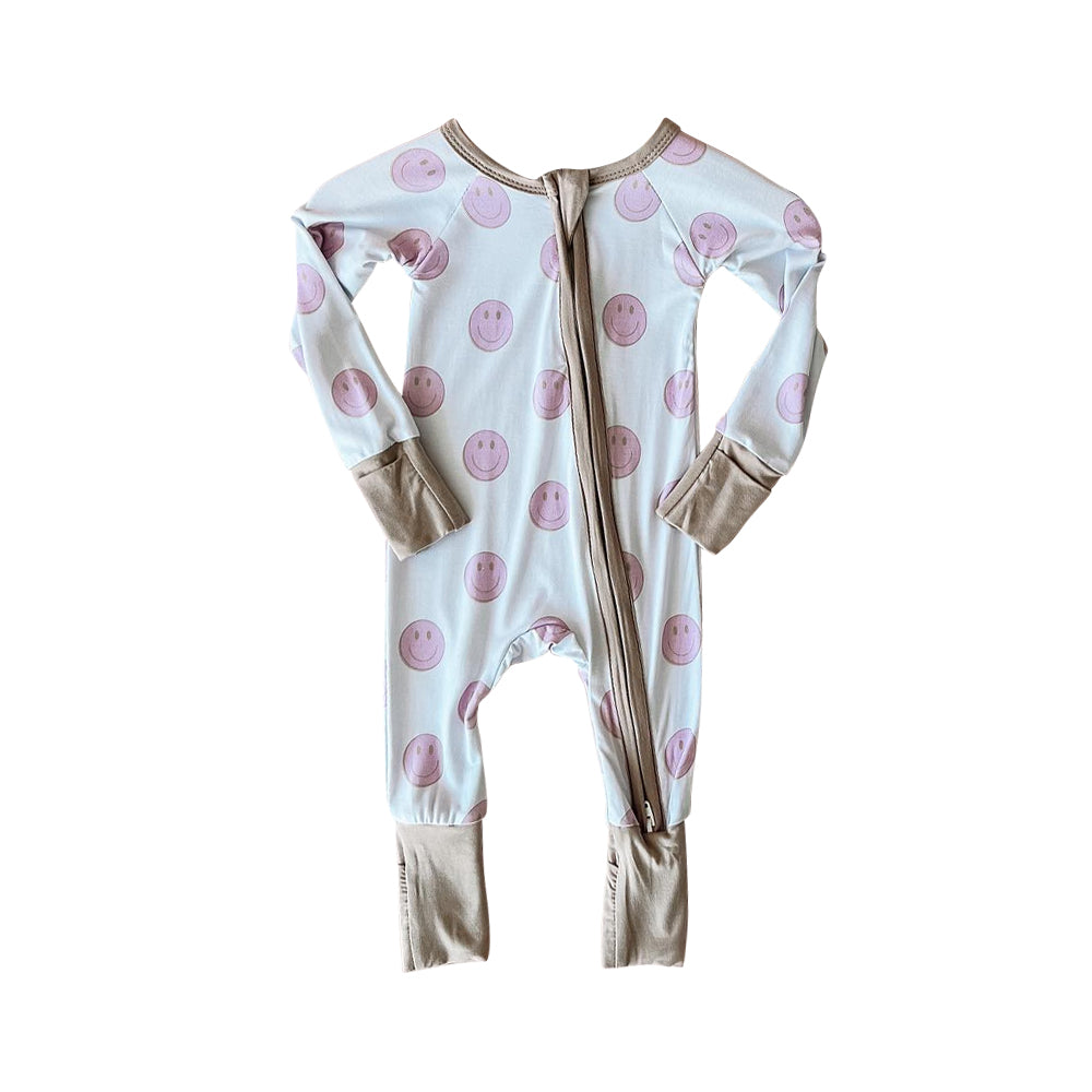 Preorder LR1433 NO MOQ pink smiley face white zip-up long-sleeved onesie