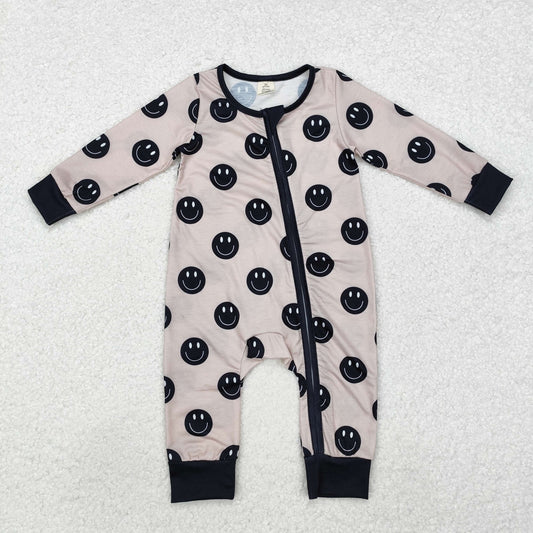 LR1434 NO MOQ Bamboo Pajamas Smiley Face Dots Black Gray Zipper Long Sleeve Boys Rompers RTS 202509