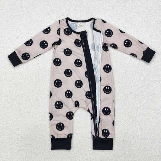 LR1434 NO MOQ Bamboo Pajamas Smiley Face Dots Black Gray Zipper Long Sleeve Boys Rompers RTS 202509