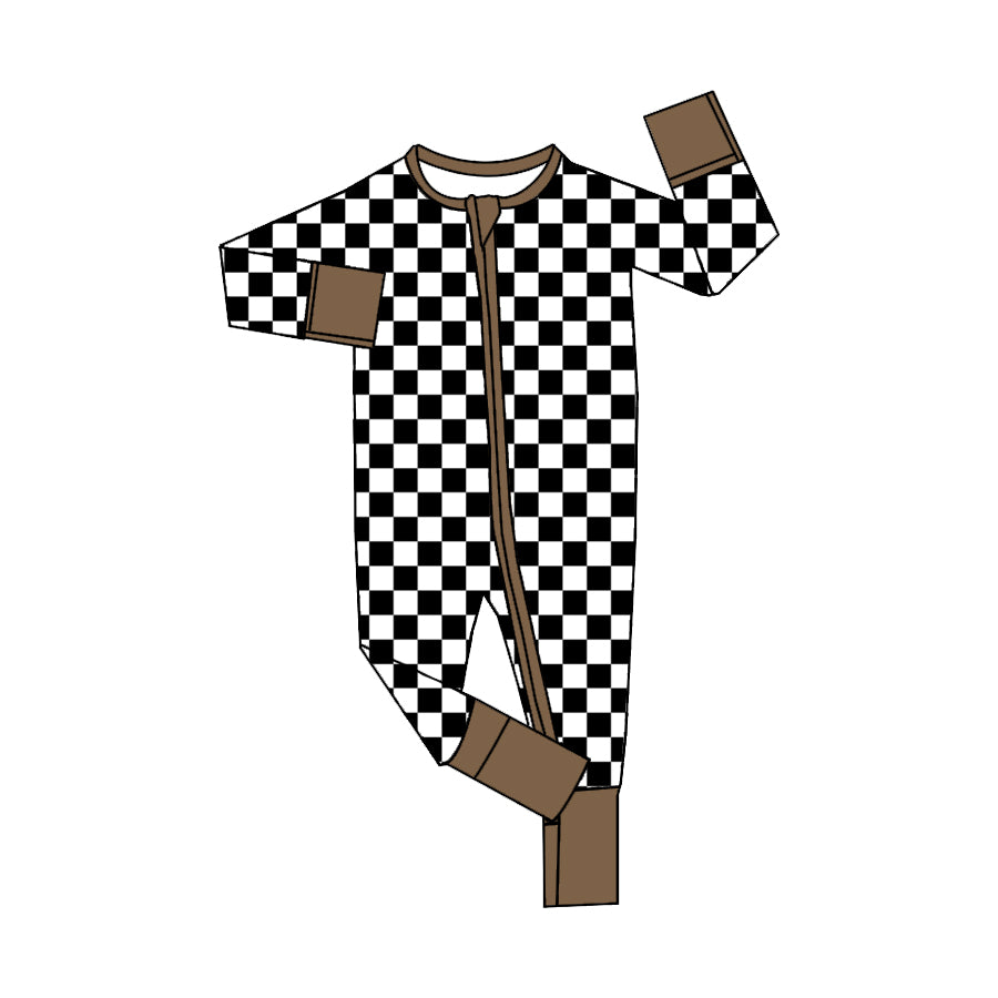 Preorder LR1436 NO MOQ black and white checkered brown long-sleeved onesie with zipper edges