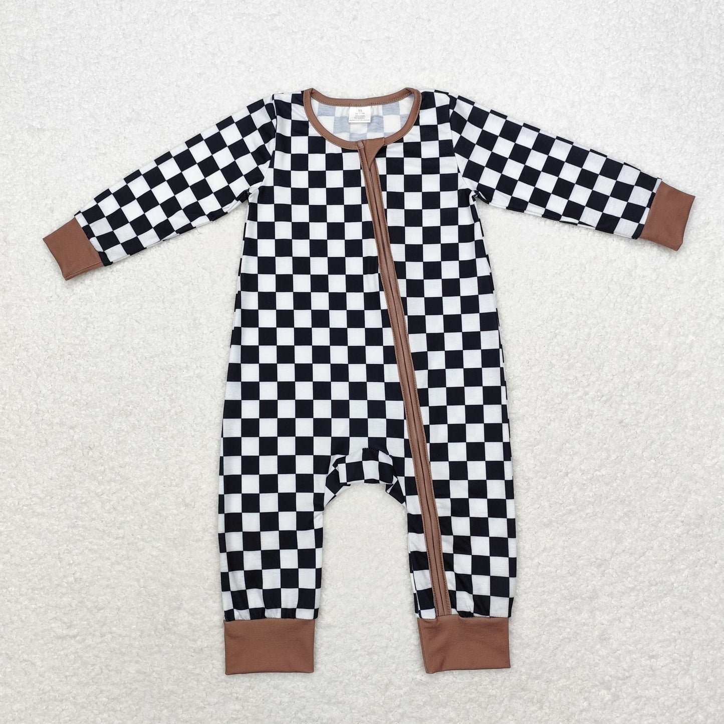 LR1436 Modal black and white check brown edge zipper long-sleeved onesie