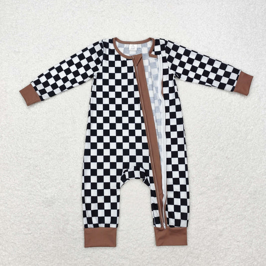 LR1436 Modal black and white check brown edge zipper long-sleeved onesie