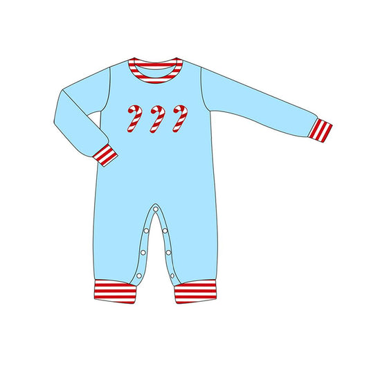 Preorder LR1440 NO MOQ Christmas Cane Red striped border blue long-sleeved onesie