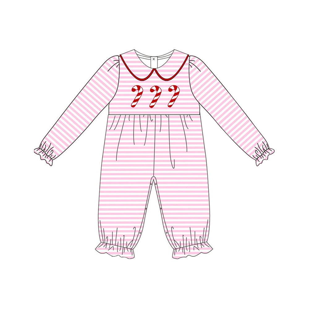 Preorder LR1441 NO MOQ Christmas Cane doll collar pink striped long sleeve onesie